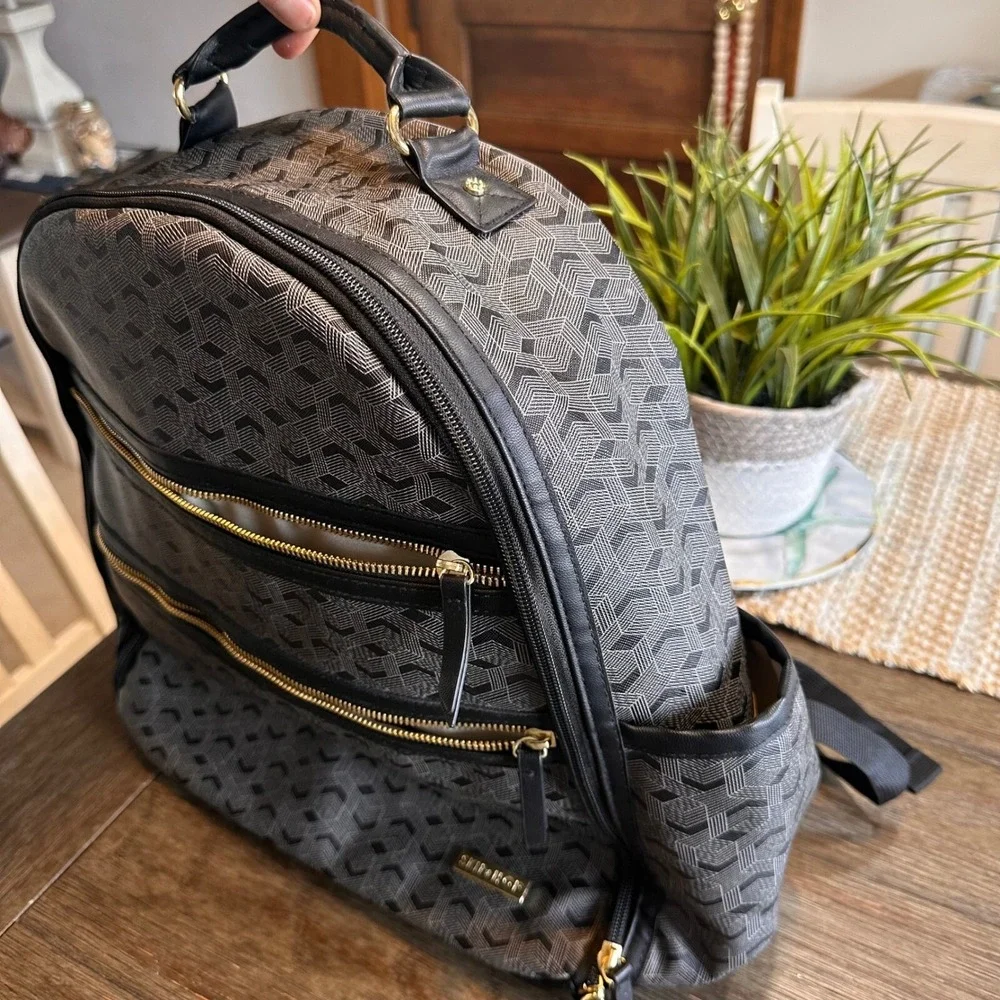Skip Hop Saffiano Diaper Backpack Convertible Gold Zippers Geometric Print‎